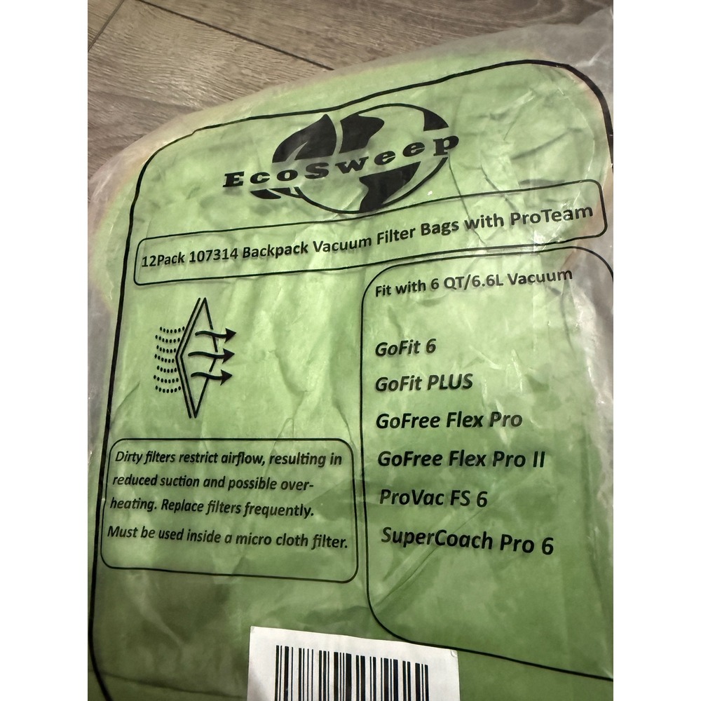 EcoSweep 12 Pack 107314 Backpack Vacuum Filter Bags for ProTeam 6 QT 6.6L New